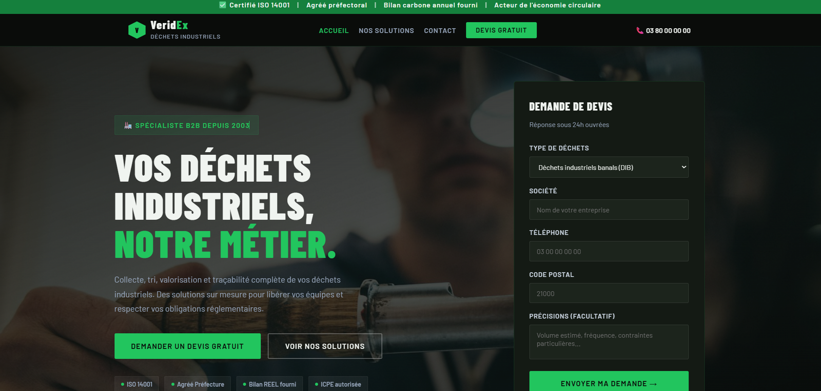 Site internet pour entreprise de recyclage industriel — VeridEx