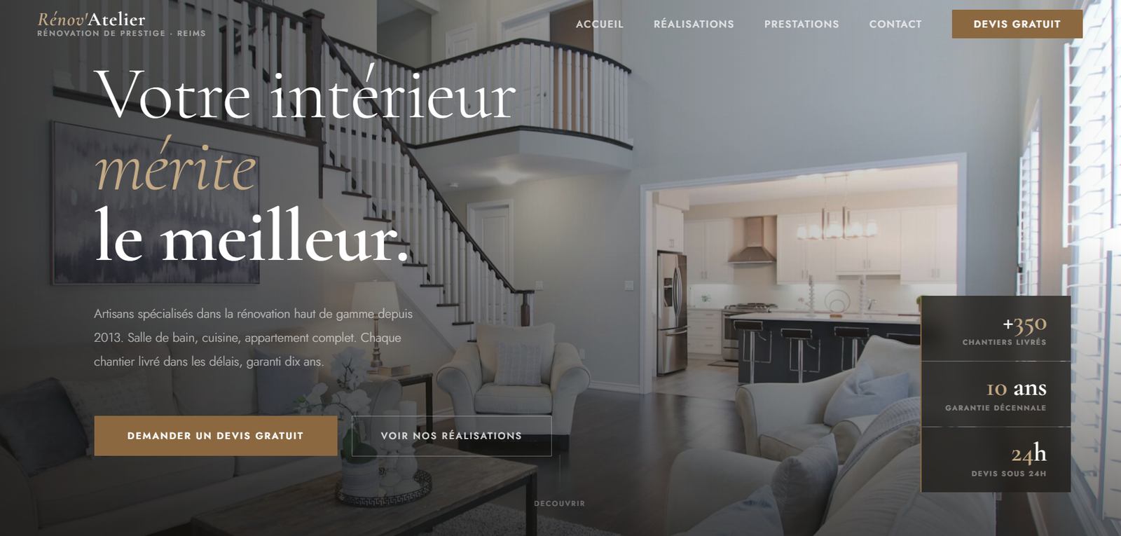 Site internet pour entreprise de rénovation intérieure — Rénov'Atelier Reims